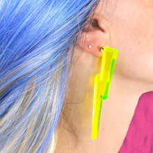 Load image into Gallery viewer, Chunky Statement Lightning Bolt Earrings in Black Light Reactive Clear Green