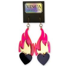 Load image into Gallery viewer, Love A La Flambé Burning Heart on Fire Dangle Earrings - Nightmare Hot Pink
