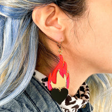 Load image into Gallery viewer, Love A La Flambé Burning Heart on Fire Dangle Earrings - Nightmare Hot Pink