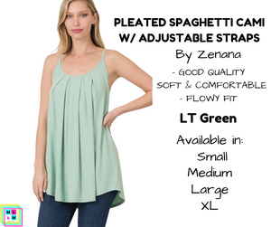 Pleated Spaghetti Strap Cami - LT Green