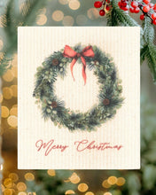 Load image into Gallery viewer, Merry Christmas Wreath with Red Bow Swedish Dishcloth