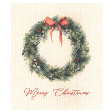 Load image into Gallery viewer, Merry Christmas Wreath with Red Bow Swedish Dishcloth