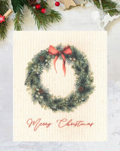 Load image into Gallery viewer, Merry Christmas Wreath with Red Bow Swedish Dishcloth