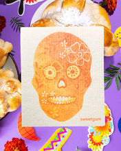 Load image into Gallery viewer, Orange Flower Skull Swedish Dishcloth | Halloween &amp; Dia de los Muertos