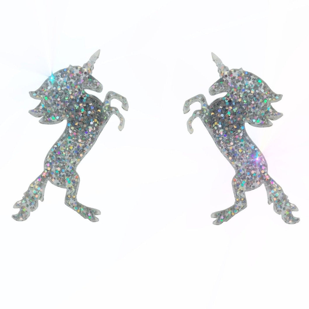 Large Unicorn Earrings in Glitter Hologram by Vinca USA