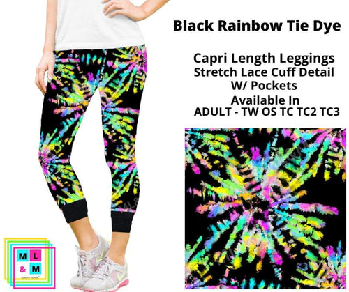 Black Rainbow Tie Dye Lace Cuff Capris w/ Pockets by ML&M