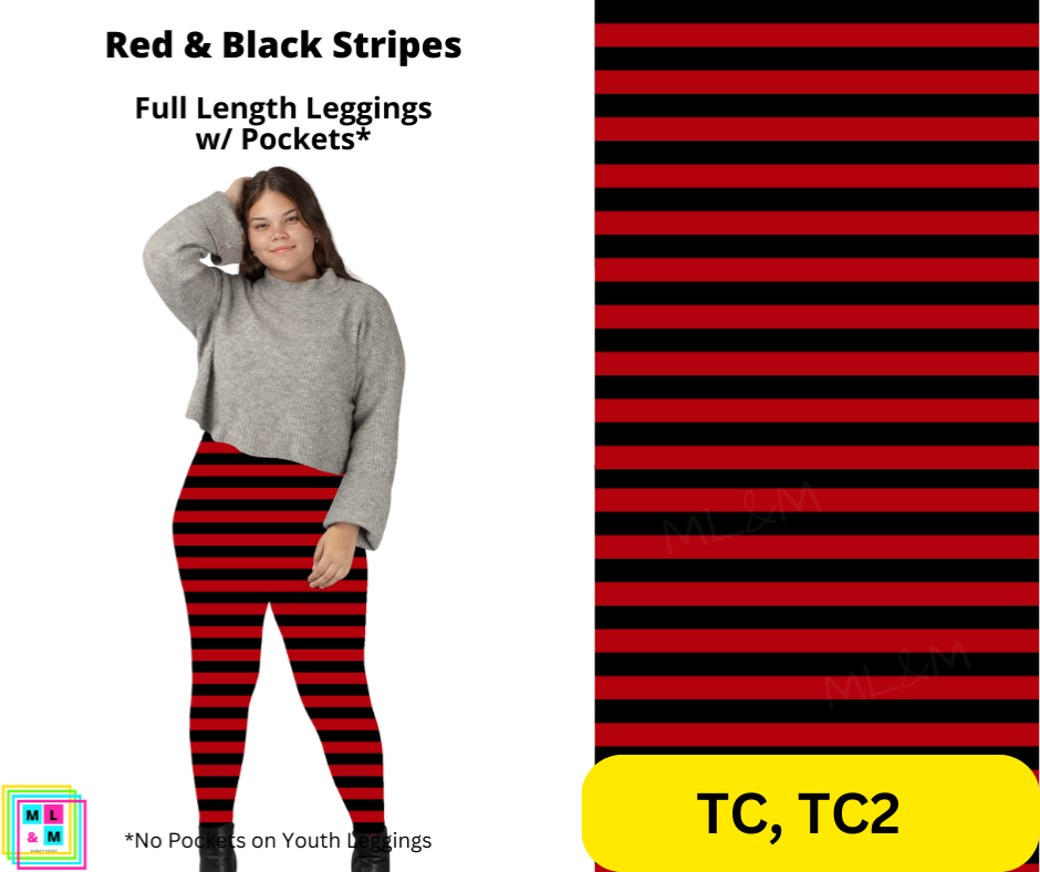 Red & Black Stripes Full Length Leggings w/ Pockets by ML&M