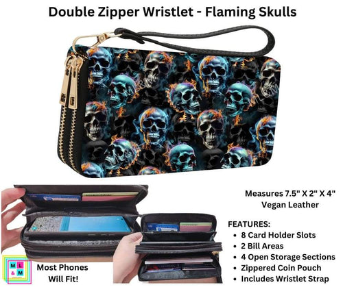 Flaming Skulls Double Zipper Wristlet by ML&M!