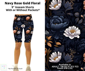 Navy Rose Gold Floral 9" Shorts w/ Pockets By ML&M