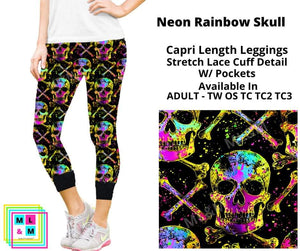 Neon Rainbow Skull Lace Cuff Capris w/ Pockets by ML&M