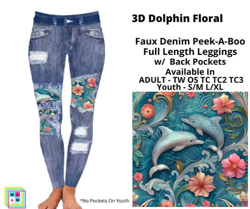 3D Dolphin Floral Faux Denim Full Length Peekaboo Leggings by ML&M