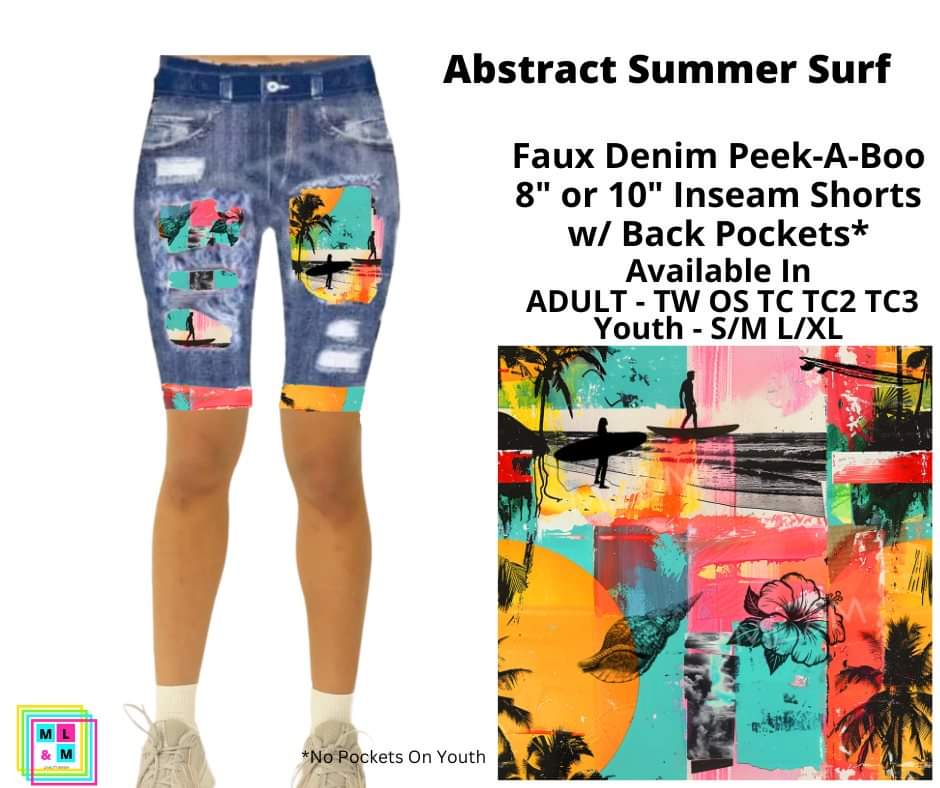 Abstract Summer Surf Faux Denim Shorts by ML&M