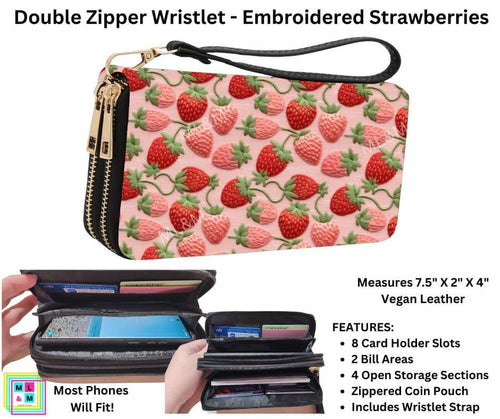 Embroidered Strawberries Double Zipper Wristlet by ML&M!
