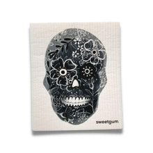 Load image into Gallery viewer, Black Flower Skull Swedish Dishcloth | Halloween &amp; Dia de los Muertos