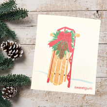 Load image into Gallery viewer, Sled with Red Bow &amp; Pinecone Swag | Christmas &amp; Winter Swedish Dishcloth