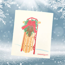 Load image into Gallery viewer, Sled with Red Bow &amp; Pinecone Swag | Christmas &amp; Winter Swedish Dishcloth