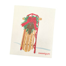 Load image into Gallery viewer, Sled with Red Bow &amp; Pinecone Swag | Christmas &amp; Winter Swedish Dishcloth