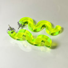 Load image into Gallery viewer, Chunky Squiggle Statement Earrings - Black Light Reactive Clear Green