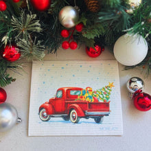 Load image into Gallery viewer, Vintage Truck with Christmas Tree Swedish Dishcloth |  Red